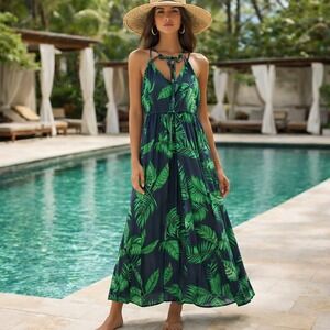 Huskary Halter Tropical Maxi Dress Womens L Floral Green Stretch Beach Palm New